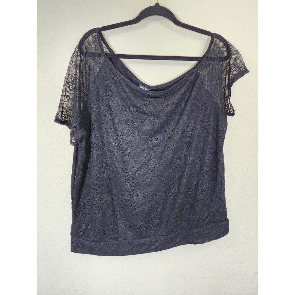TORRID Womens 1 1X Black Floral Lace Top Short Sleeve Banded Hem Off Shoulder